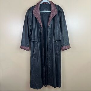 Vintage Pelle Two Toned Black & Burgundy Long Leather Trench Coat Womens Medium